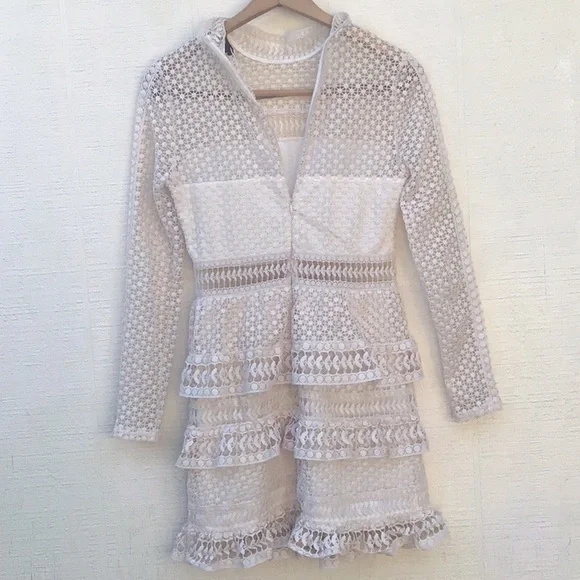 AQUA ivory crochet knit lace sheer long sleeve ruffle tier layered dress - Picture 2 of 16